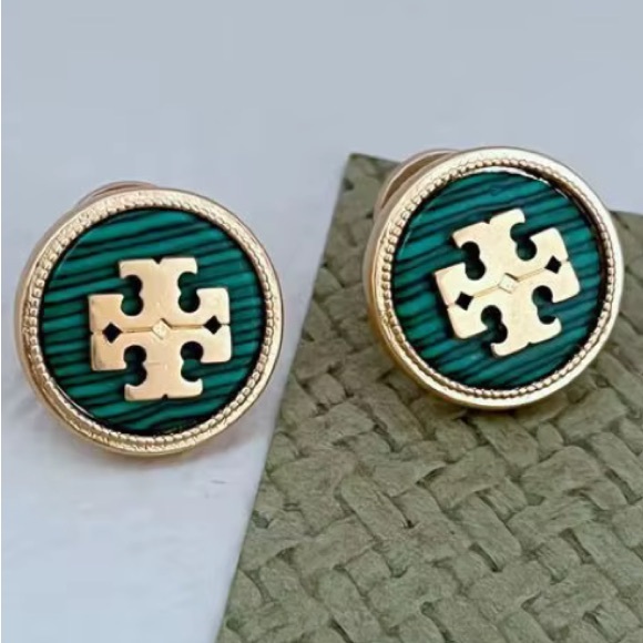 Tory Burch semiprecious green round button stud logo earrings - Picture 9 of 9